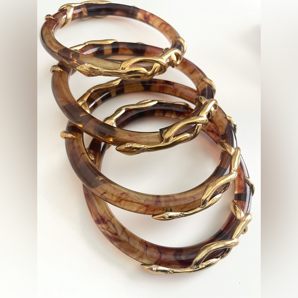 4 piece set tortoise bracelet bangles with gold snake hardware detailing